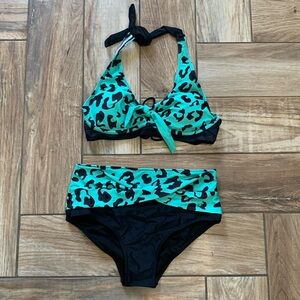 womens green black 2 piece bikini high waisted full bottom halter string top